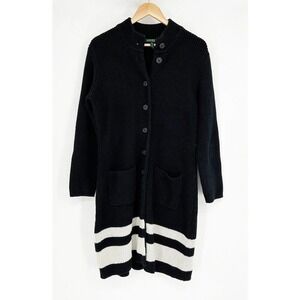 Ralph Lauren Black Knit Long Cardigan White Striped Womens L Cotton Duster Rib